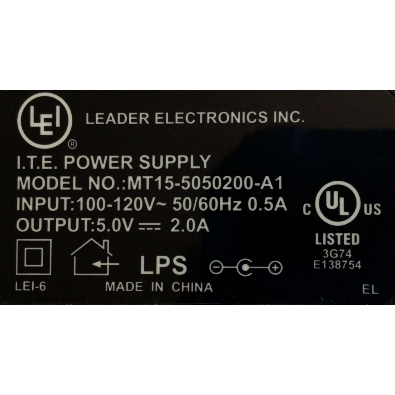 CARGADOR / ADAPTADOR DE FUENTE DE ALIMENTACION LEI / VCA-VCD / NUMERO DE PARTE MT15-5050200-A1 / ENTRADA VCA 100-120V~ 50/60HZ 0.5A / SALIDA VCD 5.0V 2.0A / MODELO MT15-5050200-A1 - Imagen 2